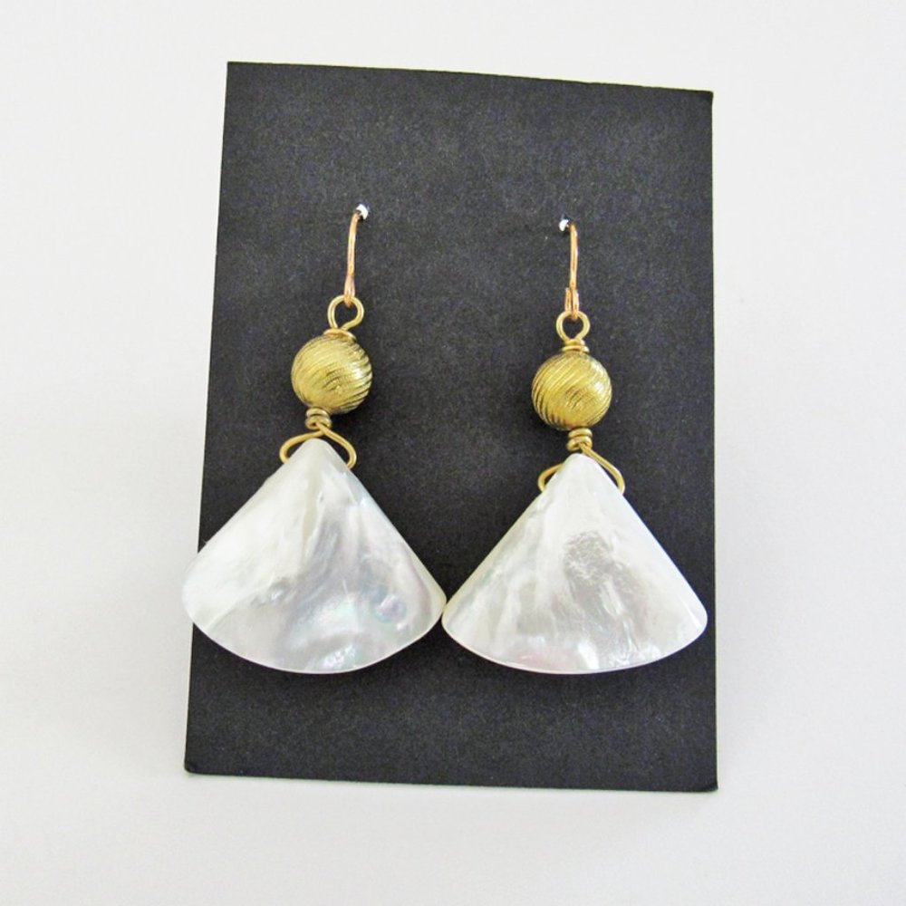 Handmade Mother of Pearl Dangle Earrings with Gold Brass Beads